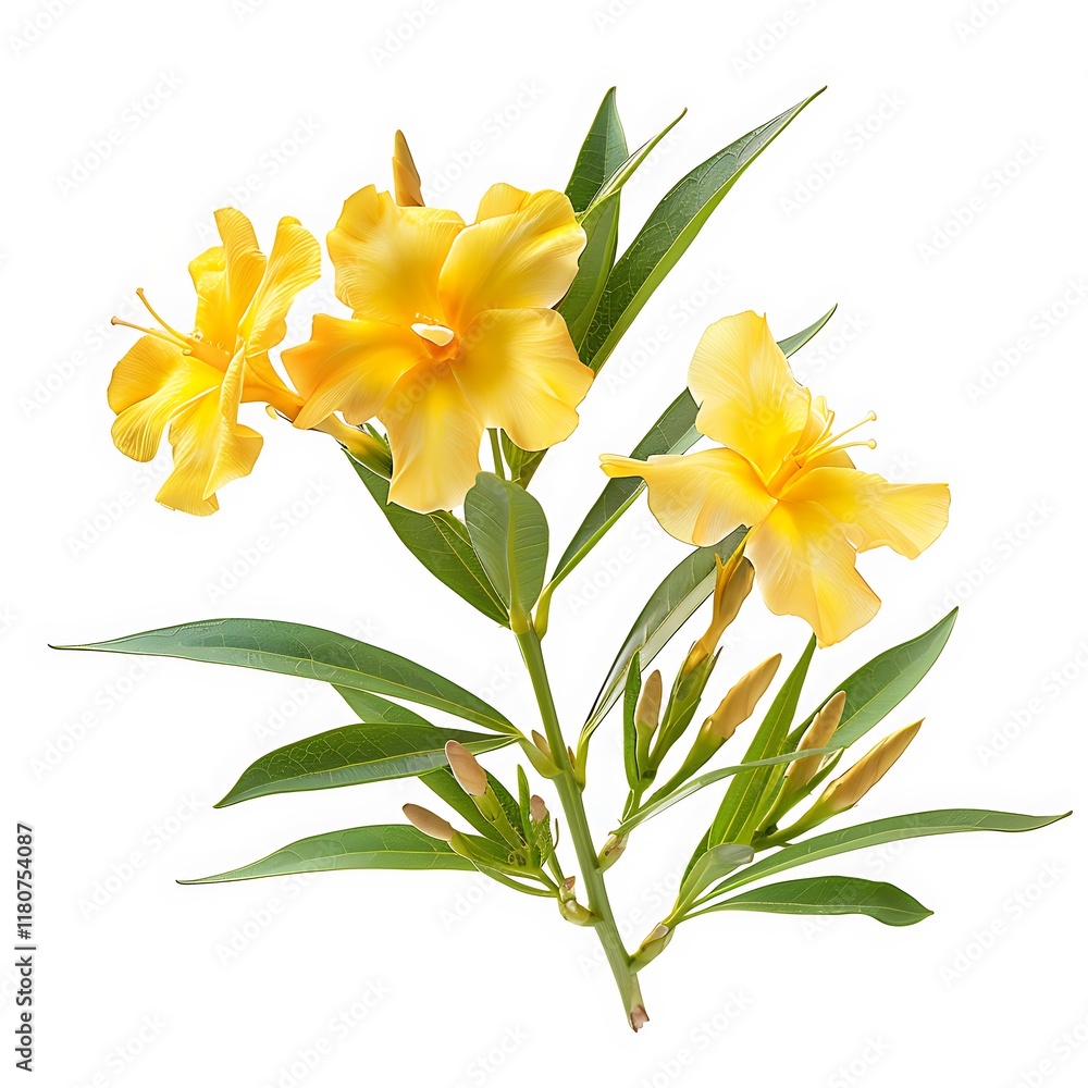Obraz premium yellow flowers with green leaves isolated on white background. Flat lay, top view.
