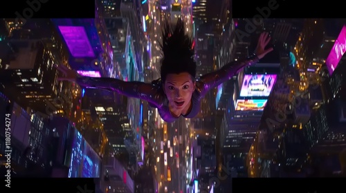 A woman, appearing to fly, glides over a vibrant, digitally-enhanced cityscape at night. photo