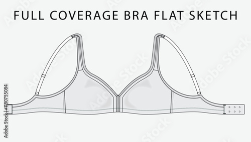 Full coverage bra flatsketch, technical drawing, bralette, flat sketch, fashion technology, tech pack, vector, editable stroke