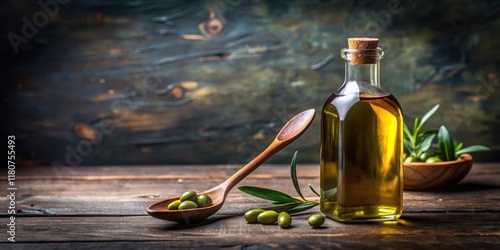 Dark glass bottle of extra virgin olive oil with a wooden spoon submerged, olive oil, spoon,  olive oil, spoon, food photo