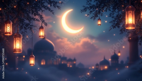 Ramadan Kareem: Magical Night Scene with Crescent Moon, Lanterns, and Mosque - Stock Image