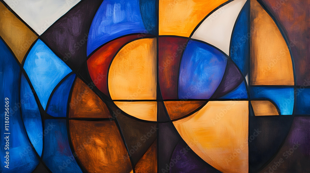 Fototapeta premium Abstract geometric painting with vibrant colors and shapes.