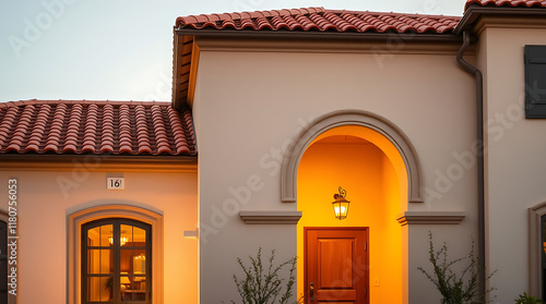 Exterior view of a beige stucco house with a red tile roof.  The main entrance features an arched entryway, a wooden door, and warm interior lighting.  Windows with similar arched tops are visible. photo