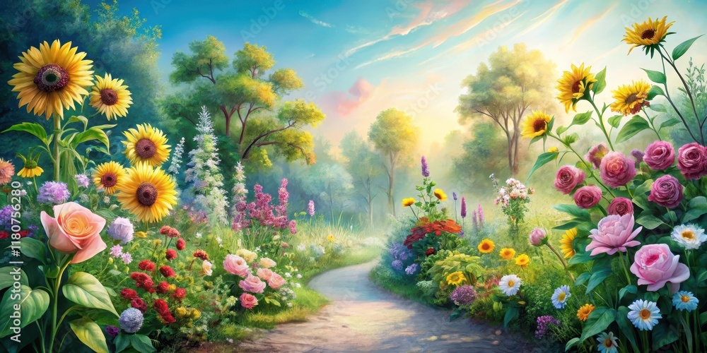 Naklejka premium Sunlit Pathway Through a Vibrant Floral Paradise, Featuring Sunflowers, Roses, and a Diverse Array of Blossoms