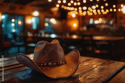 leather cowboy hat on a wooden bar top in a rustic country bar