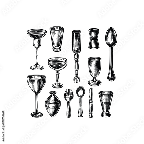 Set of drink elements hand drawn engraving design vector template