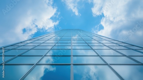A tall building with a clear blue sky in the background