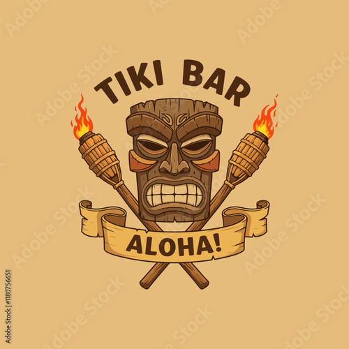 A vintage tiki bar logo with a fierce wooden mask, crossed flaming torches, and an aloha banner.