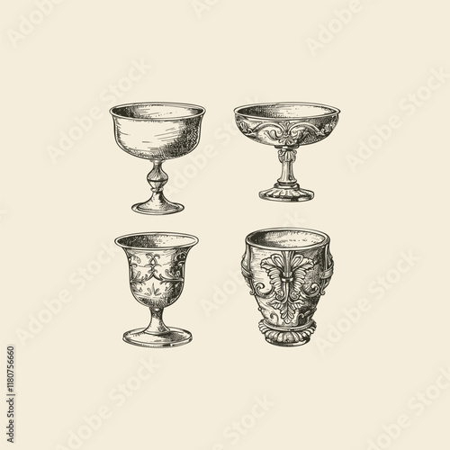 Antique goblet engraving design vector template
