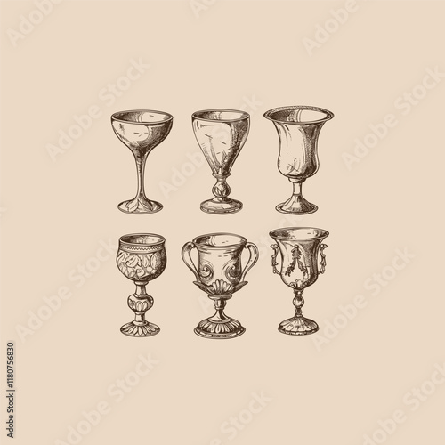 Antique goblet engraving design vector template