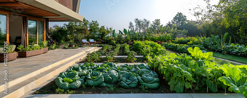 Modern house with lush garden, vibrant vegetables, and cabbages.