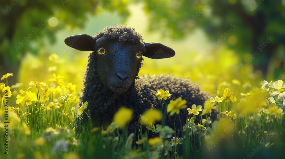 black sheep in lush meadow detailed wool texture gentle sunlight pastoral scene bokeh effect