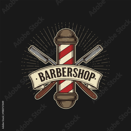 A vintage barbershop logo featuring a classic barber pole crossed razors and a banner.