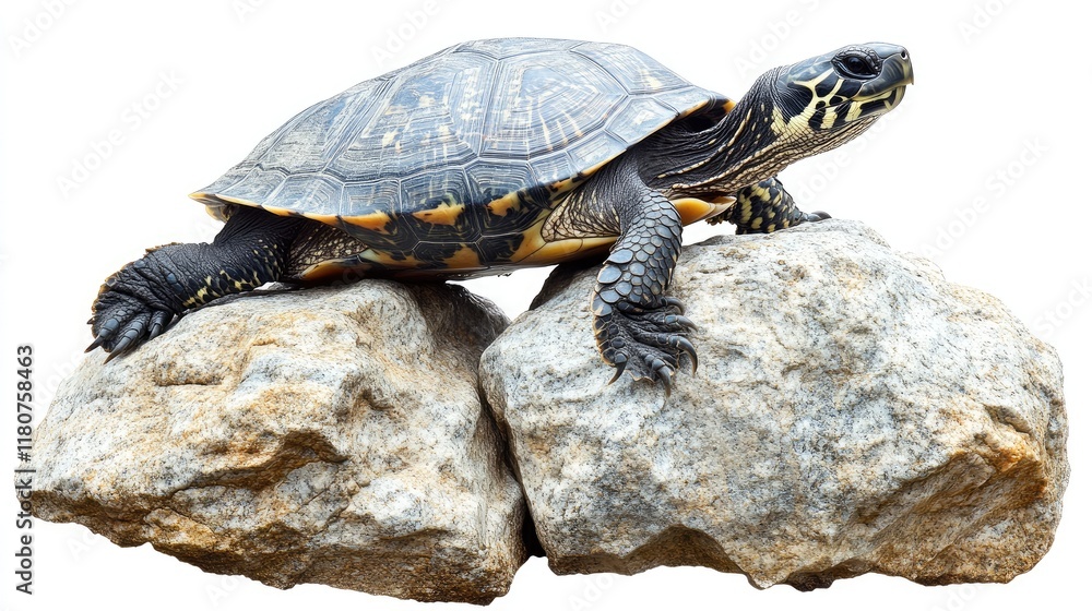 Fototapeta premium A turtle resting on two rocks, showcasing its natural habitat and serene posture.