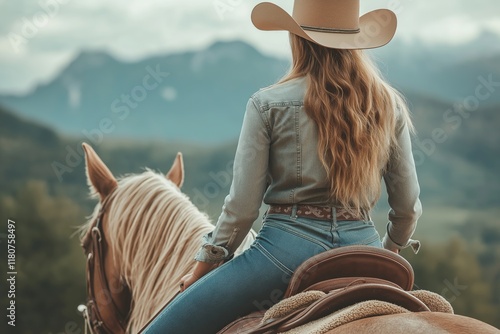 woman in a cowboy attire riding a horse, view from the back