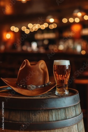 a glass of beer and a cowboy hat on a wooden barrel with a blurred bar in the background