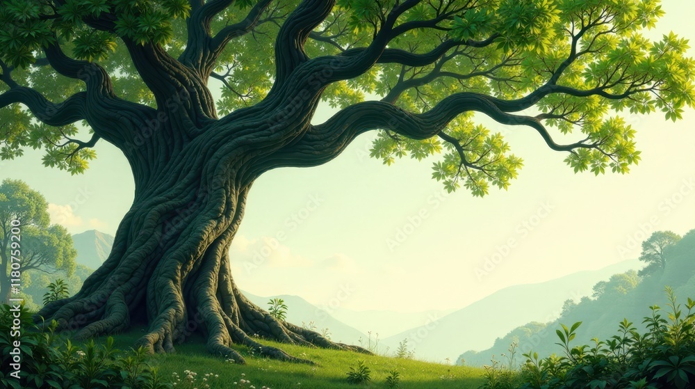 Ancient Tree in Serene Landscape, Majestic Branches Reaching Towards a Misty Horizon, Tranquil Nature Scene, Lush Greenery, Peaceful Atmosphere Ancient Tree in Serene Landscape, Majestic Branches Reaching Towards a Misty Horizon, Tranquil Nature Scene, Lush Greenery, Peaceful Atmosphere