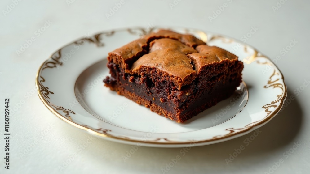 A delectable chocolate brownie, rich and fudgy, rests on an elegant gold-rimmed porcelain plate, a perfect sweet treat for any occasion. A delectable chocolate brownie, rich and fudgy, rests on an elegant gold-rimmed porcelain plate, a perfect sweet treat for any occasion.