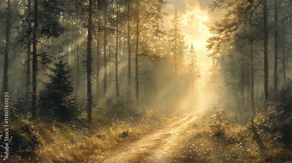 Fototapeta premium Sunlit path through a misty pine forest.