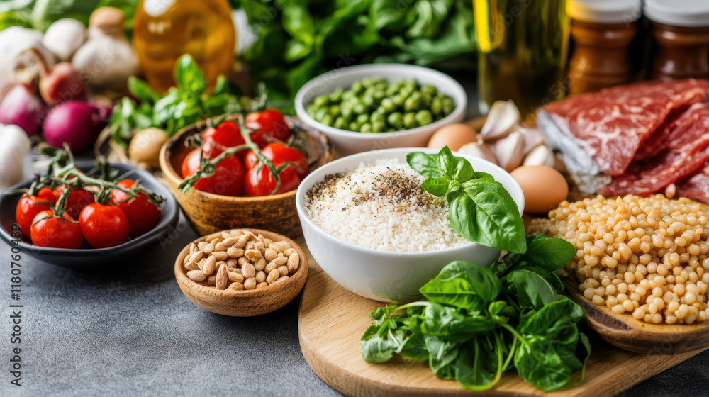 Fresh ingredients for cooking, including vegetables, grains, and meat Fresh ingredients for cooking, including vegetables, grains, and meat