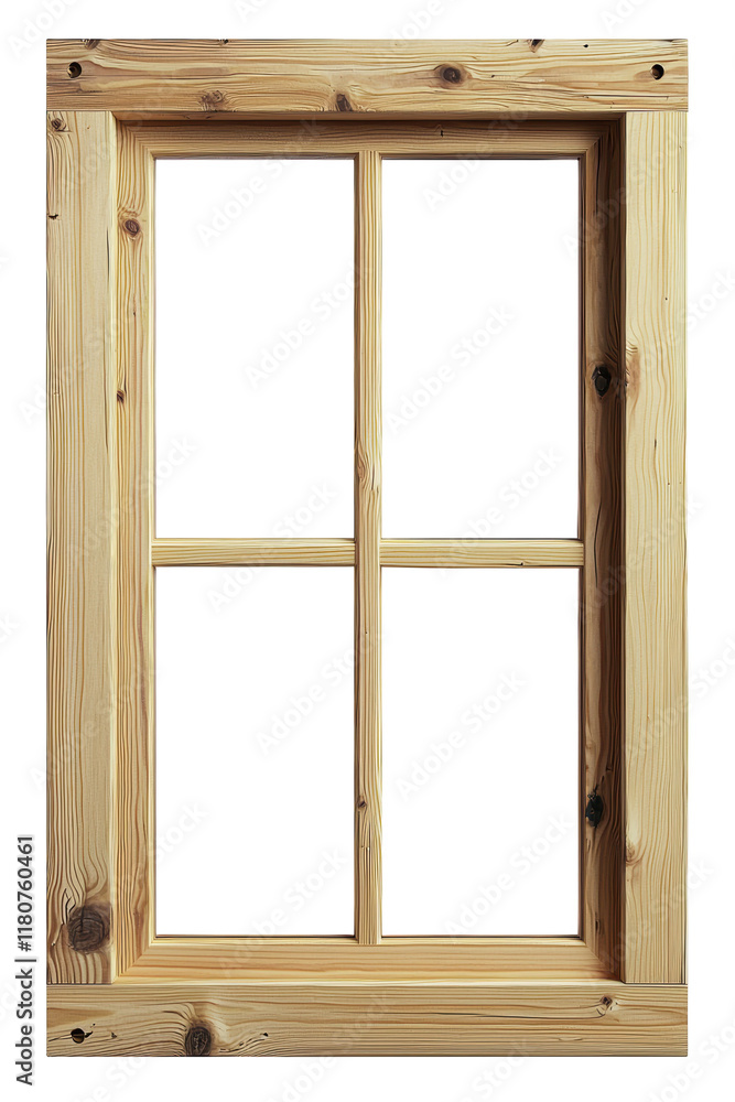 A wooden window frame with four rectangular panes, showcasing a natural finish that highlights the grain and knots of the timber. A wooden window frame with four rectangular panes, showcasing a natural finish that highlights the grain and knots of the timber.