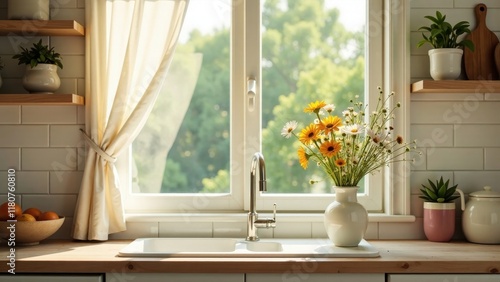 Bright kitchen window with sunny view, fresh flowers in vase, and simple decor