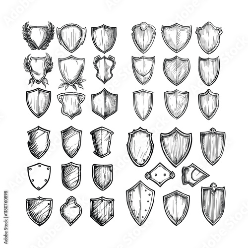 Set of shield hand drawn engraving design vector template illustration