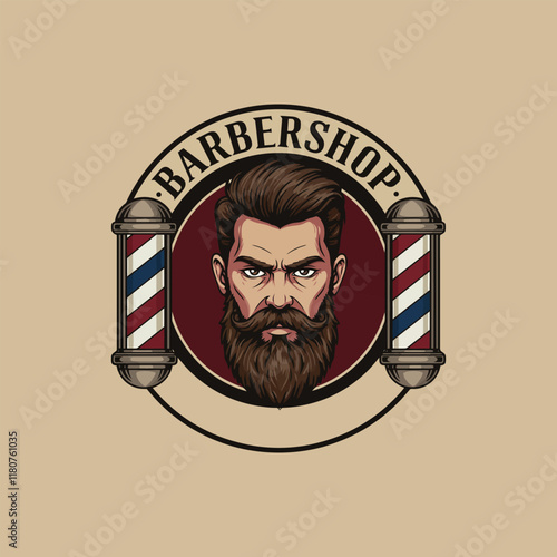 A vintage-style barbershop logo showcasing a mans face with a beard and classic barber poles.