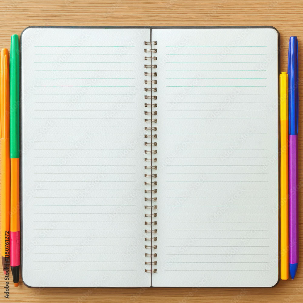 Open notebook with colorful pens and highlighters on wooden desk isolated design on white background Open notebook with colorful pens and highlighters on wooden desk isolated design on white background