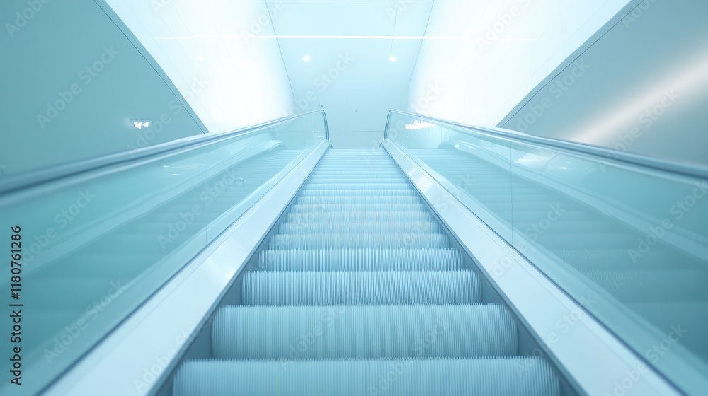 A long escalator with a blue background A long escalator with a blue background