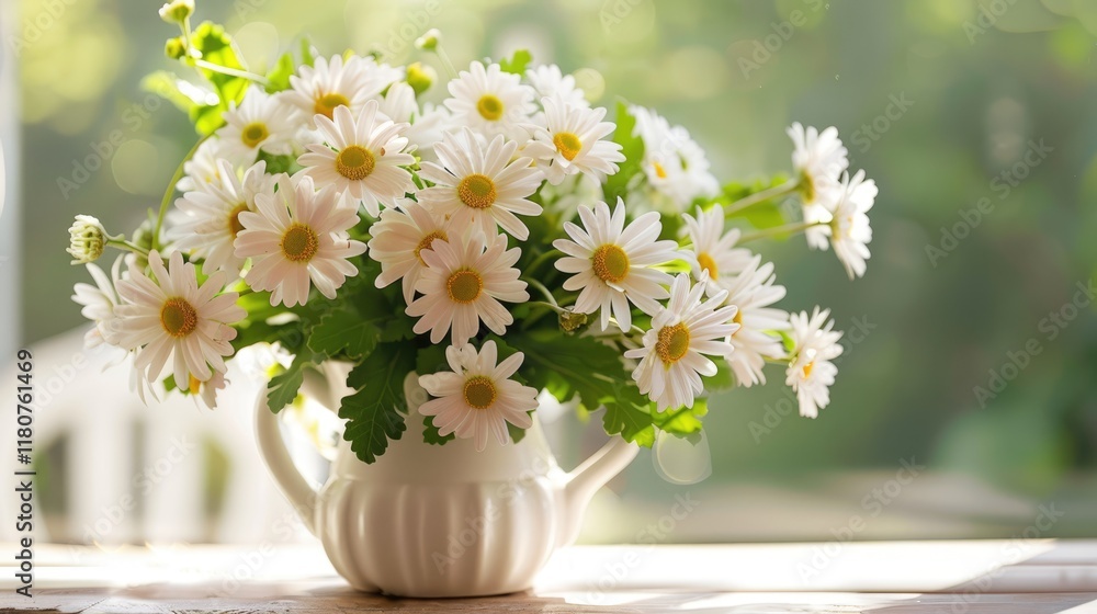 a white ceramic vase with large daisies and green leaf a white ceramic vase with large daisies and green leaf