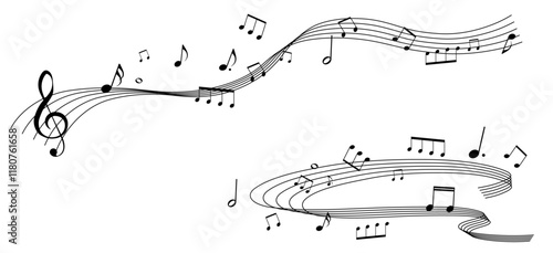 遠近感のある楽譜のフレームイラスト　五線譜　背景イラスト　音符、休符、音楽記号のイラスト