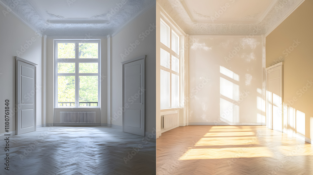 custom made wallpaper toronto digitalAn apartment renovation showcases an empty room before and after refurbishment.