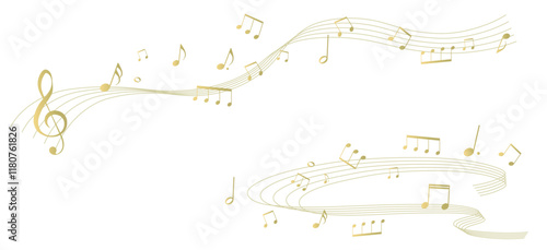 ゴールドの遠近感のある楽譜のフレームイラスト　五線譜　背景イラスト　音符、休符、音楽記号のイラスト