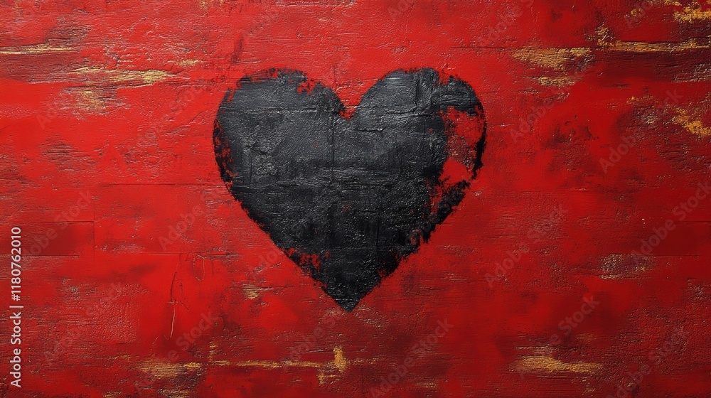 Black Heart on Red Background Artistic Texture with Grunge Style Black Heart on Red Background Artistic Texture with Grunge Style