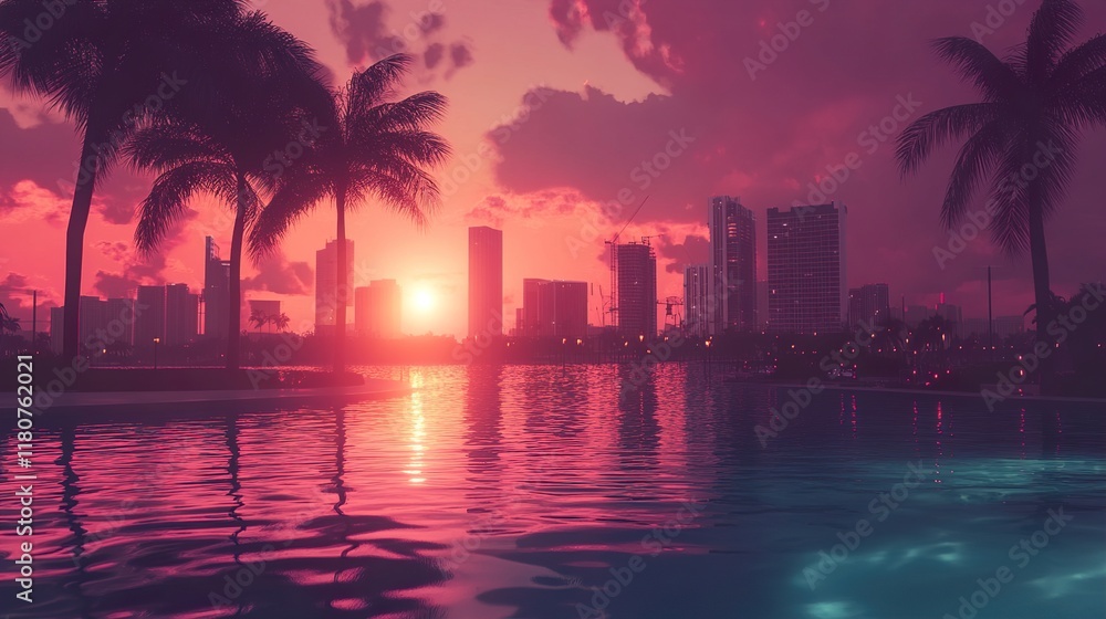 Obraz premium Pink Sunset over City Skyline, Palm Trees and Pool