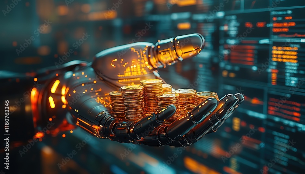 Artificial Intelligence and Financial Technology concept.Robot Hand holding stacking pile of coins and analyzing the stock market, hd image
