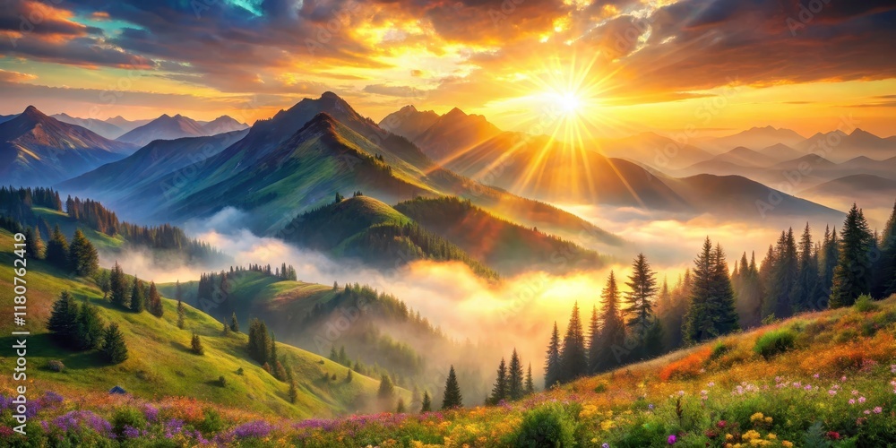Golden Hour Radiance Across Rolling Hills and Verdant Slopes, Bathed in Misty Morning Light Golden Hour Radiance Across Rolling Hills and Verdant Slopes, Bathed in Misty Morning Light