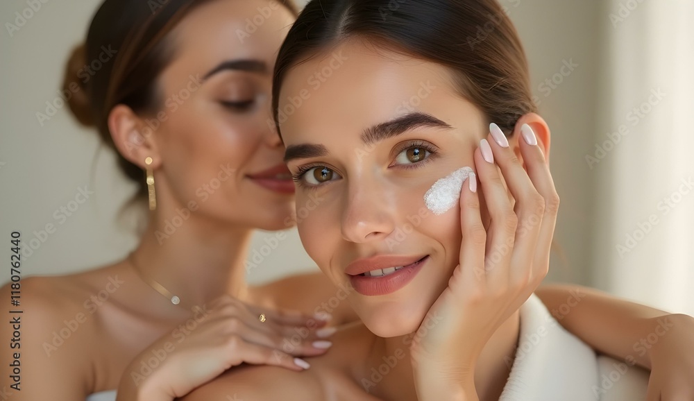 Flawless Skin and Radiant Beauty in a Serene Studio Setting Minimalist Portrait of Two Alluring
