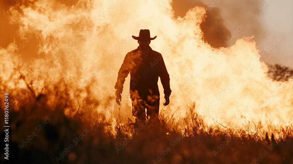 Fototapeta premium Silhouette of Cowboy Amidst Fiery Landscape