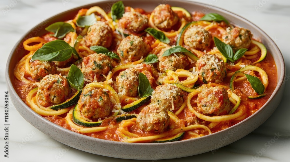 Zucchini noodles with meatballs in marinara sauce Zucchini noodles with meatballs in marinara sauce