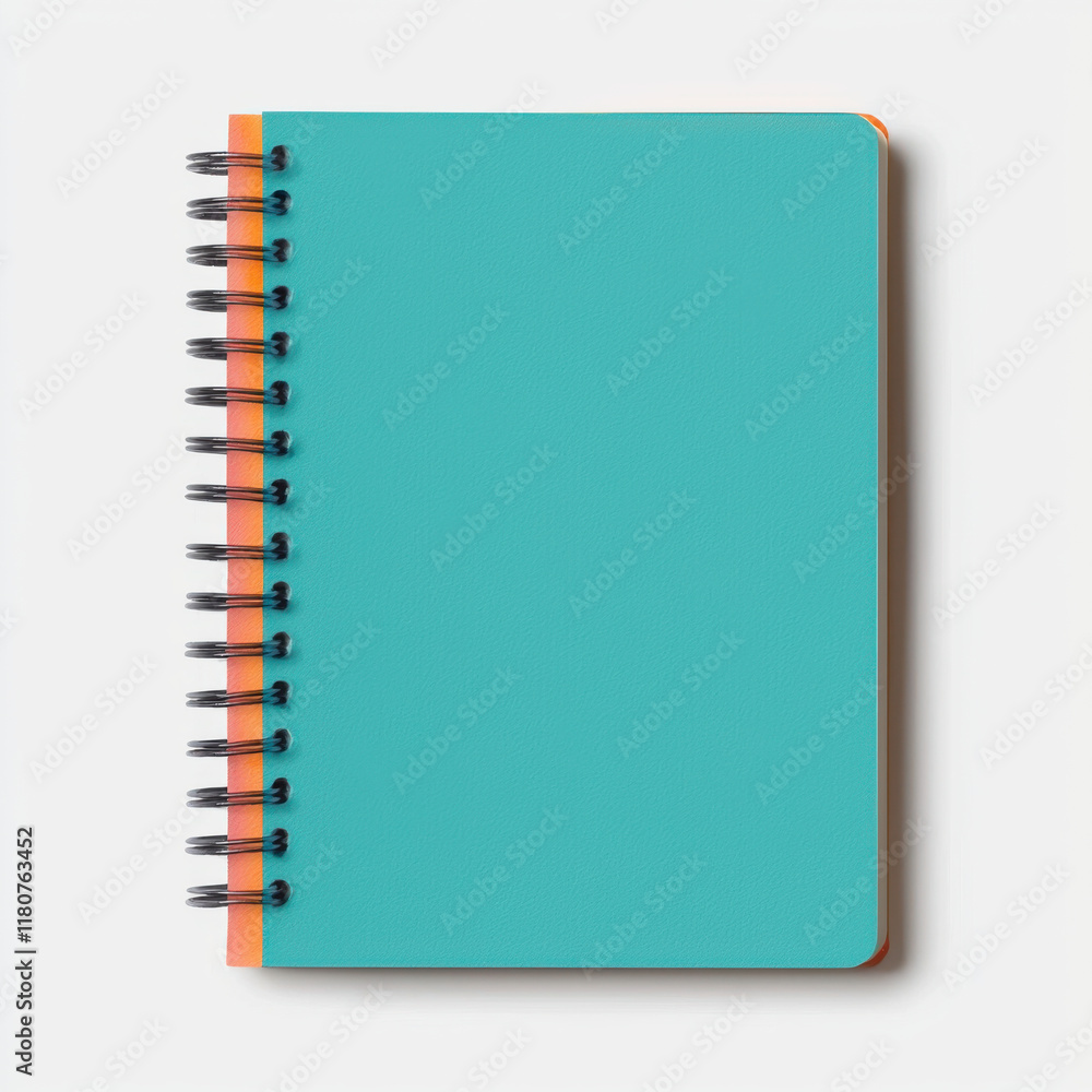 Turquoise spiral notebook with orange edges on white background isolated design on white background