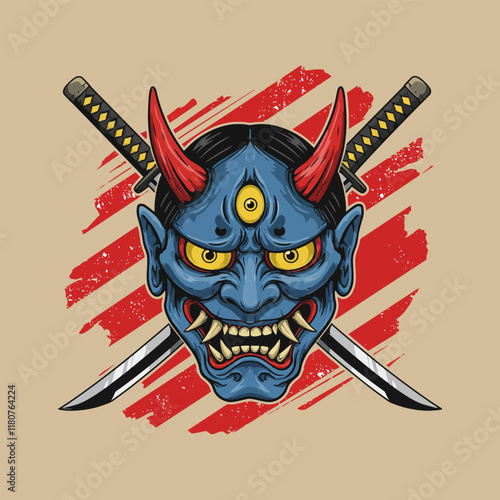 A fierce blue oni mask with three eyes is depicted, crossed by two samurai swords against a red and beige background.