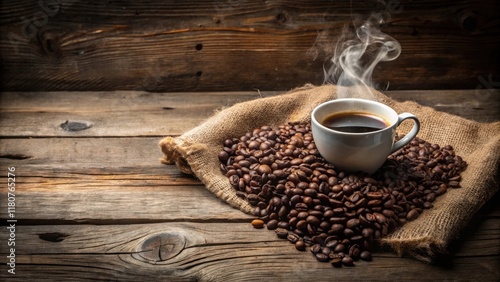 Cozy cup of coffee with heart-shaped smoke surrounded by coffee beans on a rustic burlap sack draped over an old wooden table , smoke, heart shape