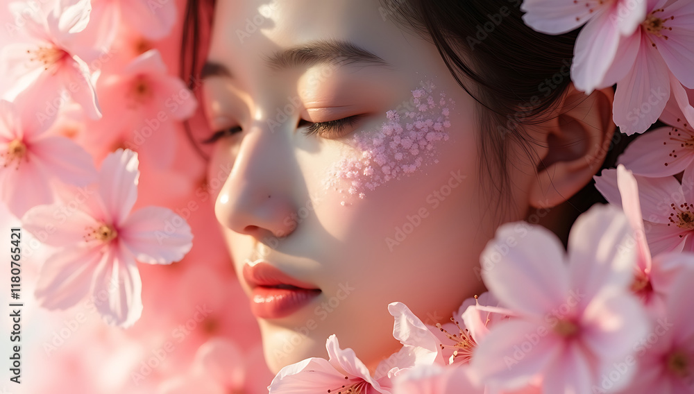 “Extreme Closeup of a Face Covered in Petals of Cherry Blossoms” – Pink cherry blossoms arranged delicately on the skin, symbolizing beauty, impermanence, and Japanese culture.
“Extreme Closeup of a Face Covered in Petals of Cherry Blossoms” – Pink cherry blossoms arranged delicately on the skin, symbolizing beauty, impermanence, and Japanese culture.