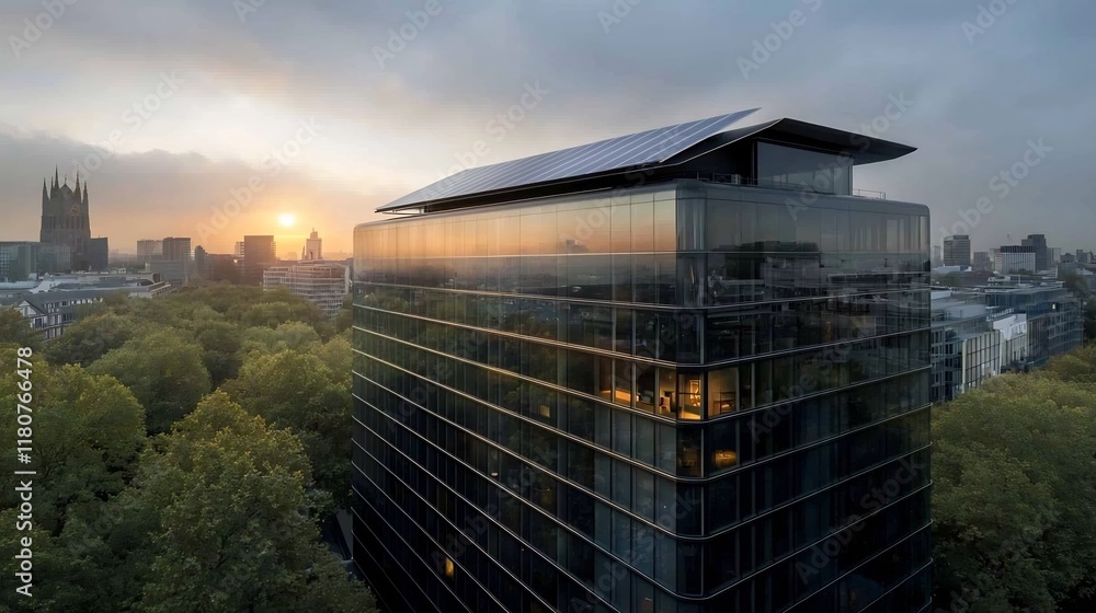 Obraz premium Transparent Solar Powered Architectural with Sleek Glass Facade and Futuristic Sustainable Design Overlooking Urban Landscape Backdrop