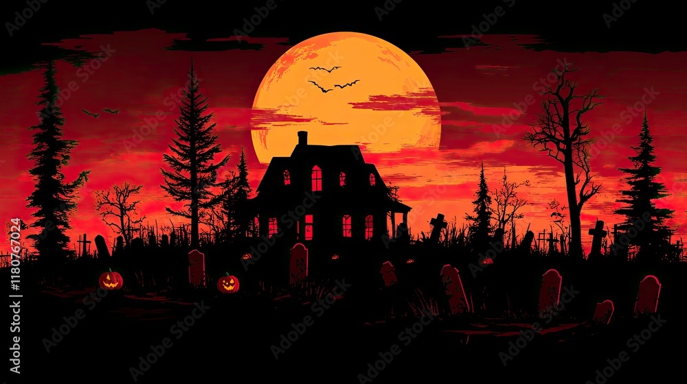Spooky Halloween night scene with haunted house, graveyard, pumpkins, and full moon. Spooky Halloween night scene with haunted house, graveyard, pumpkins, and full moon.