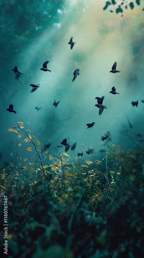 Fototapeta premium Birds in Flight: A Mystical Forest Scene