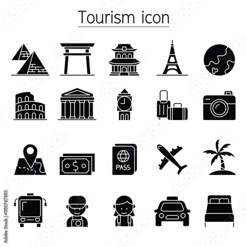 Tourism & Landmark icon set in thin line style