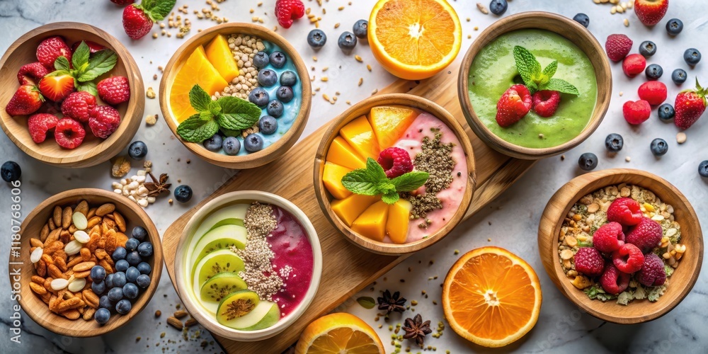 A vibrant collection of healthy breakfast bowls featuring various fruits, berries, and granola A vibrant collection of healthy breakfast bowls featuring various fruits, berries, and granola